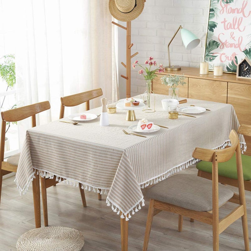 AMZALI Stripe Tassel Tablecloth Cotton Linen Stain Resistant/Dust-Proof Waterproof Table Cover for Kitchen Dinning Tabletop Decoration (Rectangle/Oblong,55 x 87 Inch, Beige) - Image 3